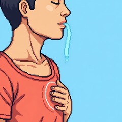 リラックスした男が呼吸瞑想を実践するピクセルアート