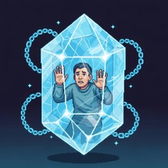 氷の中に閉じ込められた男性と鎖付きの青いクリスタル