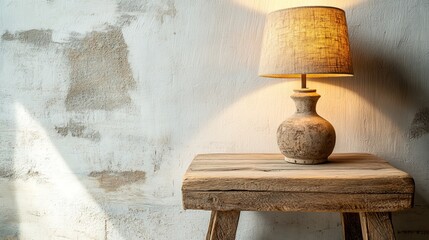 The interior features a gray table lamp set against a white wall, conveying an atmosphere of business or education with a designated area for text, characterized by a minimalist setting