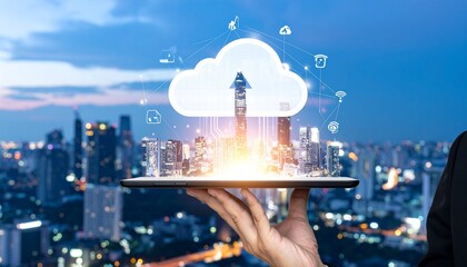 A tablet projects a glowing cloud cityscape above a nighttime skyline, symbolizing smart urban tech.