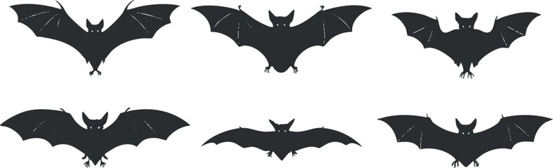 A collection of stylized bat silhouettes suitable for Halloween and spooky themes..