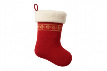 Red christmas stocking with white fur trim and golden ornamental band, symbolizing holiday tradition