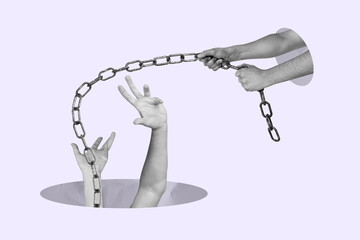 Exclusive image full photo collage of human hands hold chain trap pull prisoner occupation metal jail punishment concept