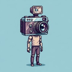 カメラの頭のピクセルアートの人形と青い背景