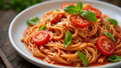 Italian Pasta Collection: Photorealistic Shots of Diverse Pasta Types (Spaghetti, Penne, Fusilli) with Classic Sauces (Bolognese, Carbonara, Pesto), Toppings (Parmesan, Basil, Olives)