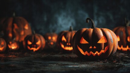 a group of carved pumpkins with faces lit up