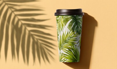 Stylish Green Tropical Palm Leaf Coffee Cup on Yellow Background