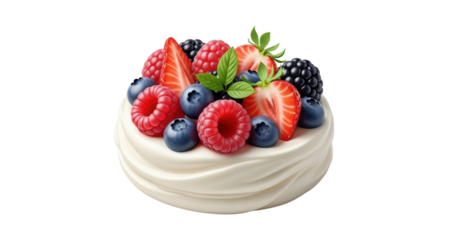 Isolated pavlova cake dessert with berries, raspberries, blueberries, strawberries, and blackberries