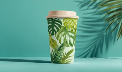 Tropical Leaf Pattern Cup on Bright Background for Refreshing Drinks