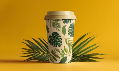 Eco-Friendly Coffee Cup with Leaf Patterns on Yellow Background