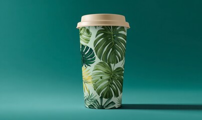Stylish Travel Mug with Tropical Leaf Design on Green Background