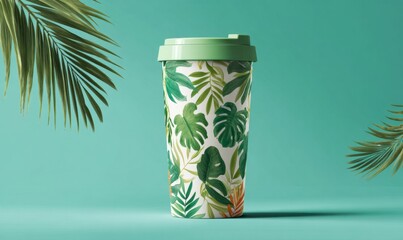 Vibrant Eco-Friendly Coffee Cup Surrounded by Tropical Leaves