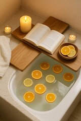 Entspannungsbad mit Zitrusfr&uuml;chten, Buch und Kerzen