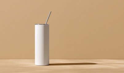 Minimalist White Drink Container with Straw on Smooth Surface