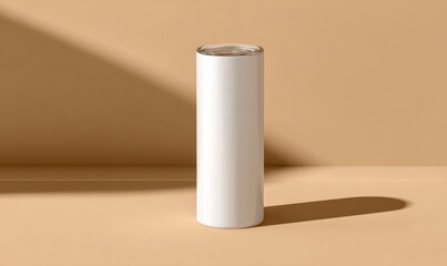 Minimalist White Canister on Beige Background with Soft Shadow