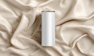 Minimalist White Cylinder on Soft Satin Fabric Background