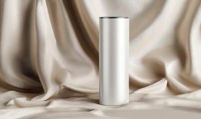 Elegant minimalist white cylindrical object on textured fabric backdrop
