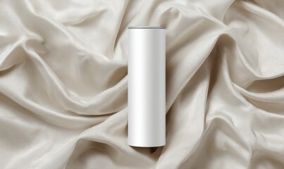 Minimalistic White Canister on Soft Cream Fabric Background