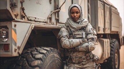 Obraz premium Woman soldier near military vehicle