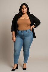 Kurvige Frau in Jeans posiert selbstbewusst vor grauem Hintergrund