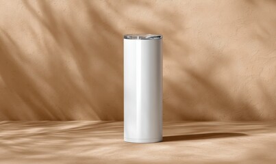 Minimalist White Travel Mug on Beige Background with Soft Shadows