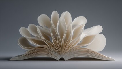 Book's pages arranged in a blooming flower shape, soft lighting, neutral background