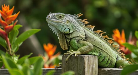 Fototapeta premium A Captivating Close-Up of a Green Iguana Amidst Lush Tropical Foliage Beauty