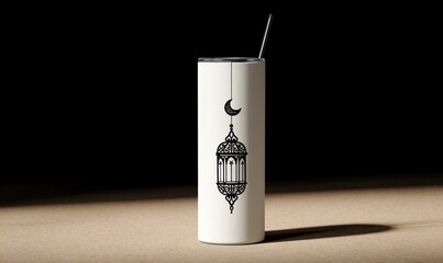 Elegant tumbler with moon and lantern design on a dark backdrop