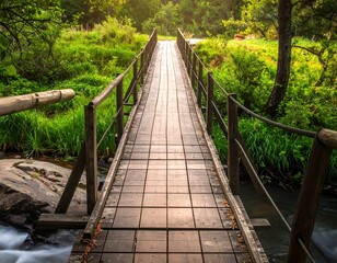 Fototapeta premium Wooden bridge over a stream, sunlight