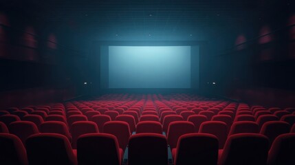 Obraz premium a large screen in a dark room with red chairs