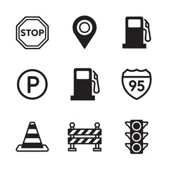 Traffic and Road Sign Icons Set in Black and White