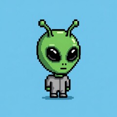 緑の宇宙人のピクセルアートの立ち姿 青色の背景