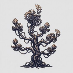 歯車部品と配線を持つスチームパンク風の木 ピクセルアート