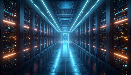 Blue-lit server racks line a reflective corridor in a pristine, high-tech data center.