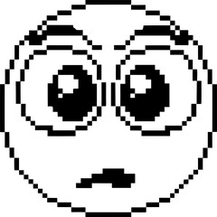 Fototapeta premium Pixelated surprised face icon with wide eyes and raised eyebrows, minimal black and white emoticon for digital expression