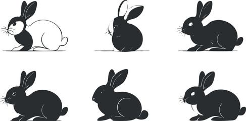Naklejka premium A collection of six playful black rabbits in various poses and expressions, ideal for children's art..