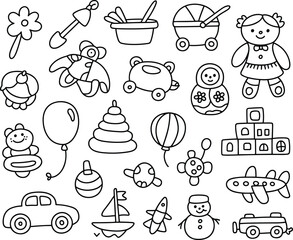 Diverse Collection of Hand Drawn Children's Toys and Playthings Outlines kids game