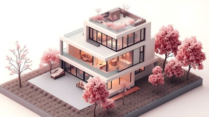 pink flowers 3d render of a modern building