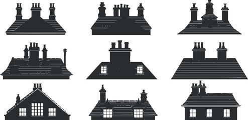 Fototapeta premium Collection of black and white silhouettes of various chimney and roof designs..