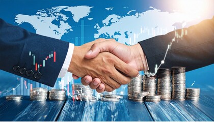 A handshake overlays stock charts and a digital globe, symbolizing global financial partnership.