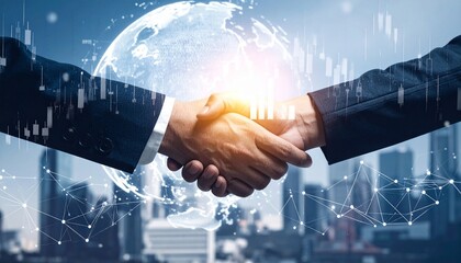 A handshake overlays stock charts and a digital globe, symbolizing global financial partnership.