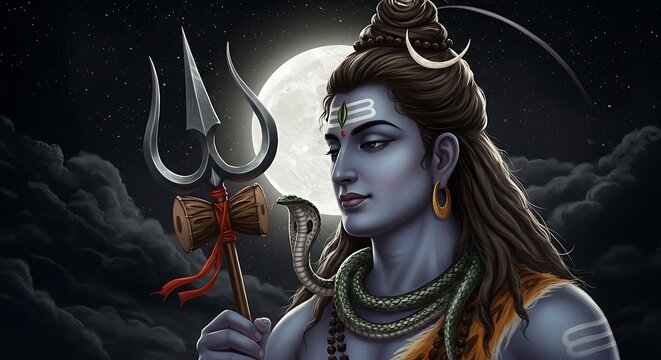 A serene portrait of the Hindu god Lord Shiva holding his trident against a full moonlit night sky.