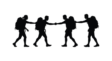 Group of hikers holding hands together on a trail silhouette