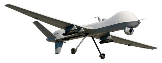 Gray Unmanned Aerial Vehicle with Weapons and Camera on White Background drone aircraft isolated on a transparent background