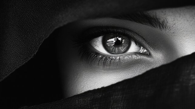 Intense gaze of a woman with captivating eyes peering from the shadows, a story of mystery and allure in black and white, perfect for editorial designs and evocative projects