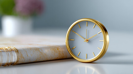 Golden clock on desk representing time management for modern gig economy workforce. symbol of productivity and deadlines in calm and focused work environment