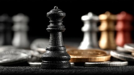 A close-up of a black chess queen in a strategic game, surrounded by blurred pieces including silver and gold queens,