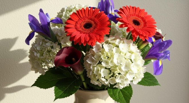 An elegant floral arrangement featuring orange gerbera daisies and purple irises