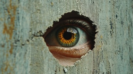 Intriguing human eye with striking golden iris peeking through textured wall, evoking mystery and suspense perfect for captivating storytelling and impactful visual narratives