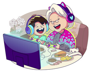 Grandmother and her grandson play video games together. Cozy and funny vector illustration.